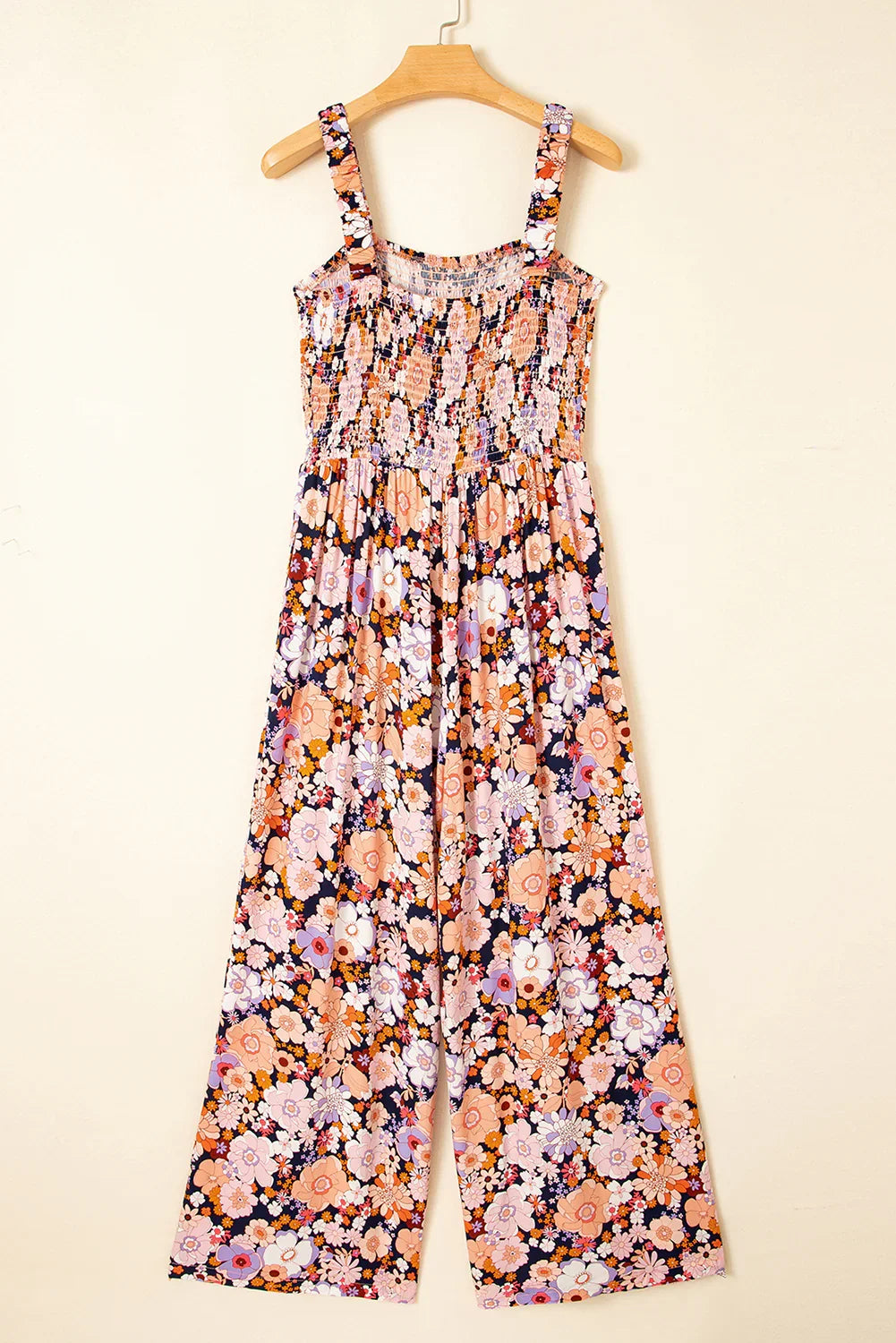 Carlie Black Floral Print Smocked High Waist Square Neck Jumpsuit