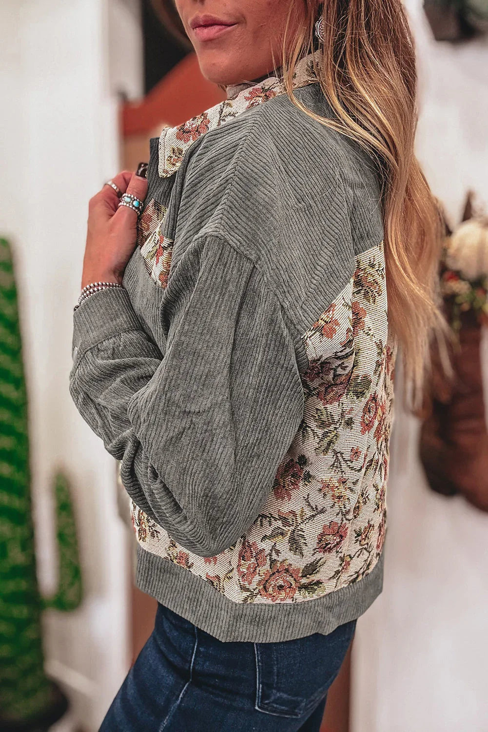 Clay Ribbed Retro Floral Patchwork Jacket