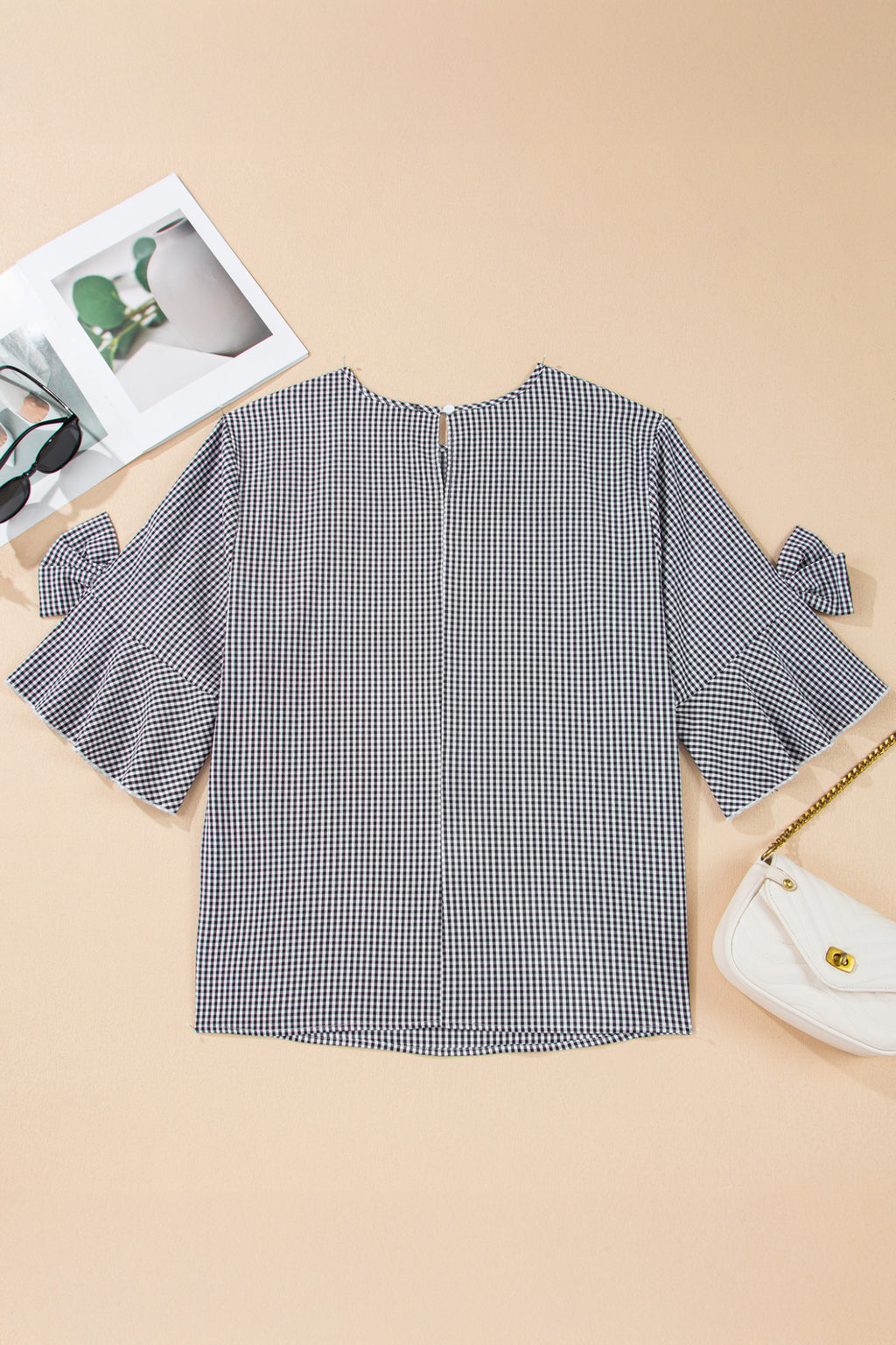 Plaid Bow Decor Bell Sleeve Round Neck