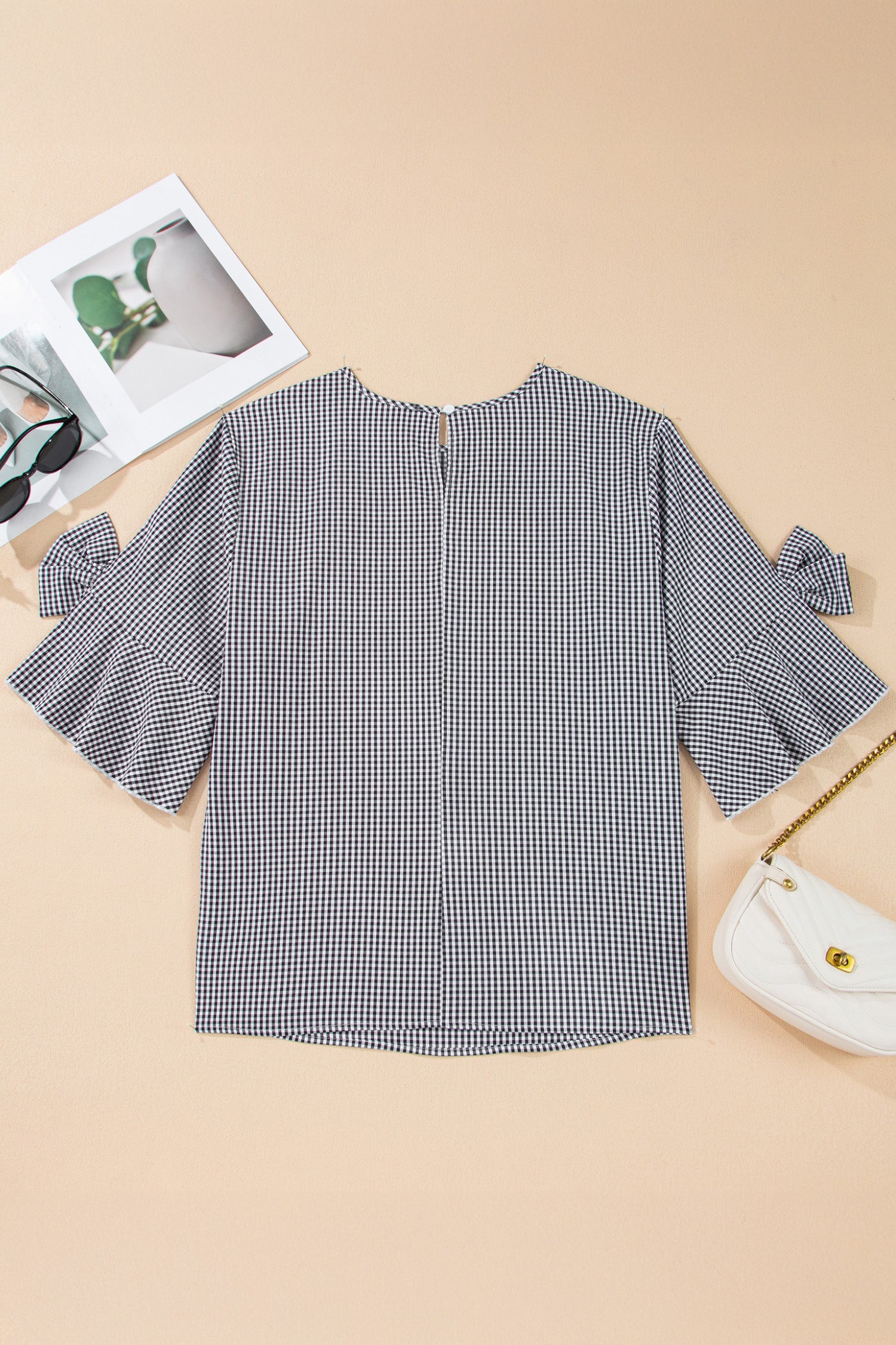 Plaid Bow Decor Bell Sleeve Round Neck