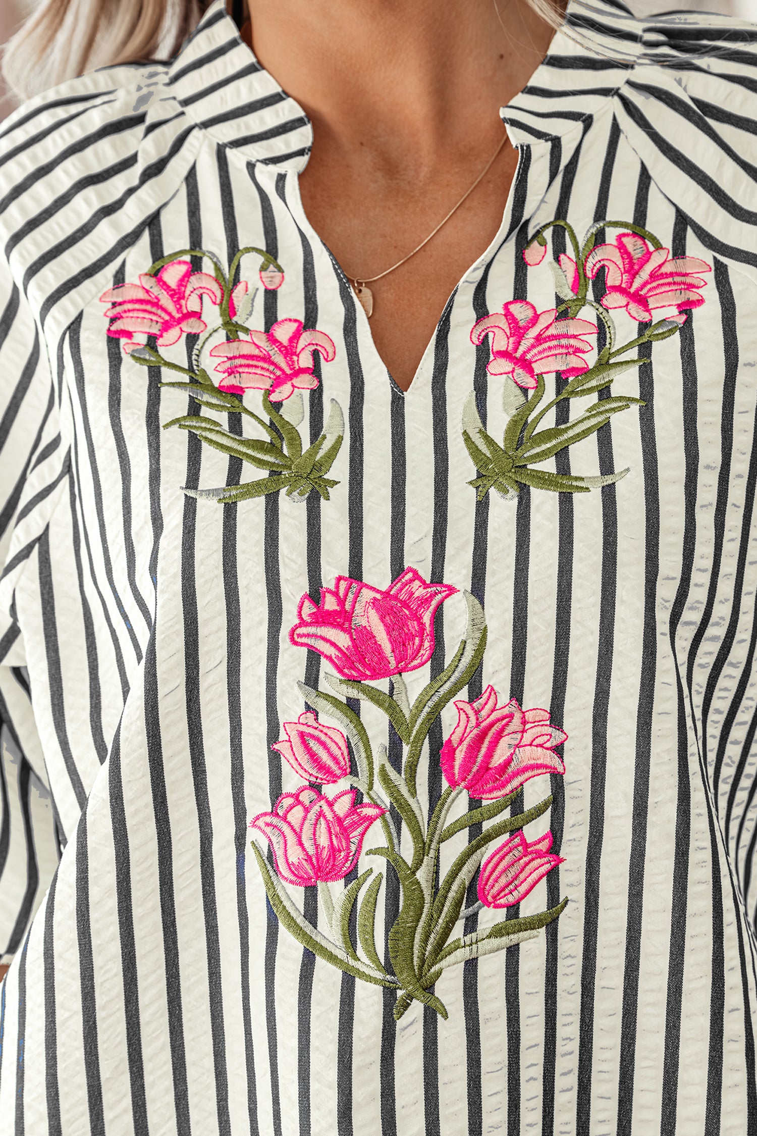 Stripe Floral  Detail V Neck Sleeve
