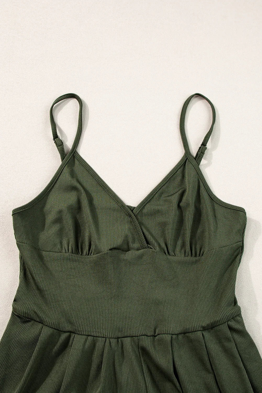 Mollie Moss Green Spaghetti Straps Cinched Waist Ribbed Romper