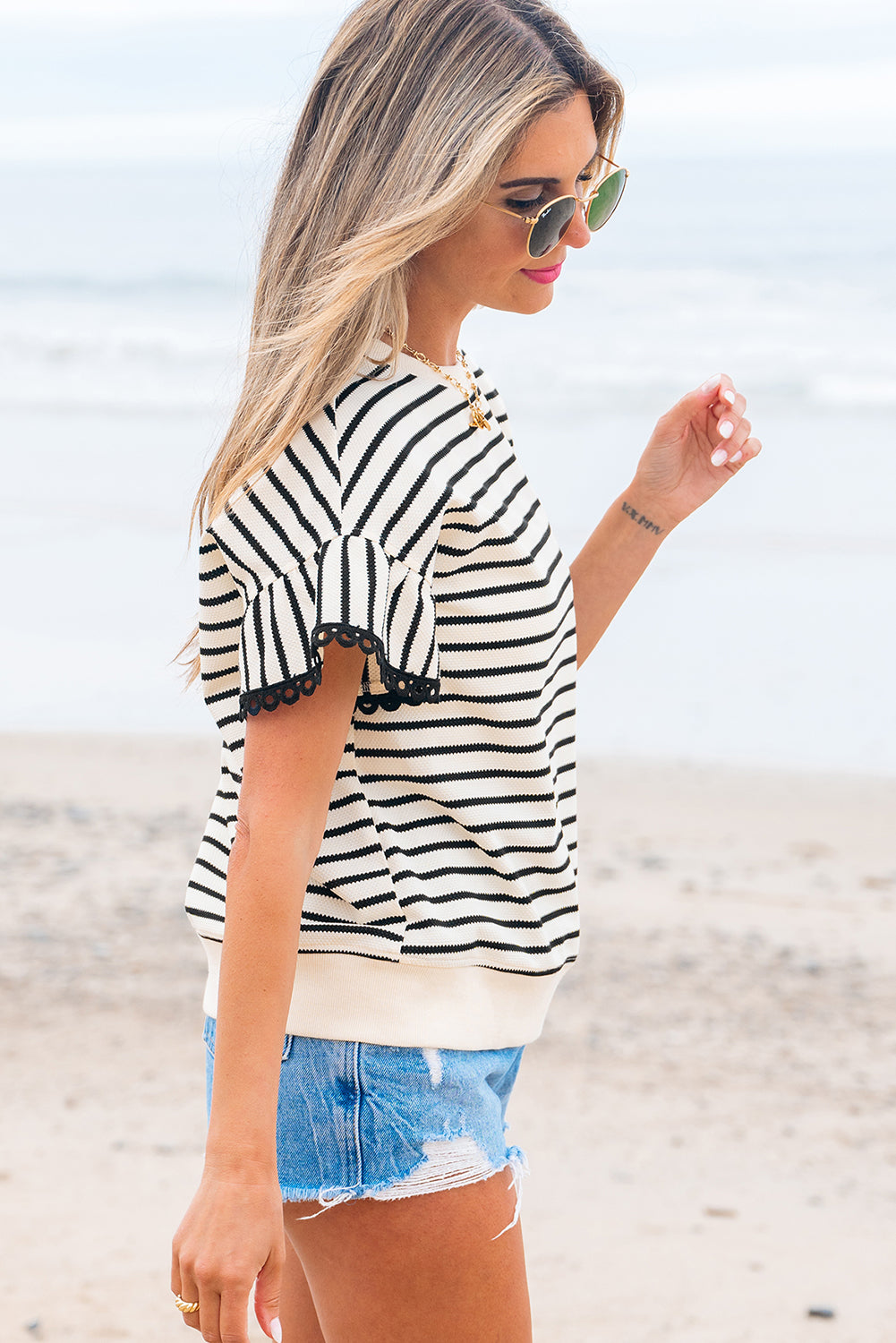 Stripe Scallop Trim Ruffle Crewneck