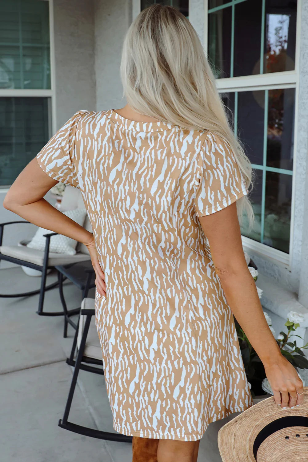 Queens Khaki Abstract Print V Neck Short Sleeve Shift T Shirt Dress