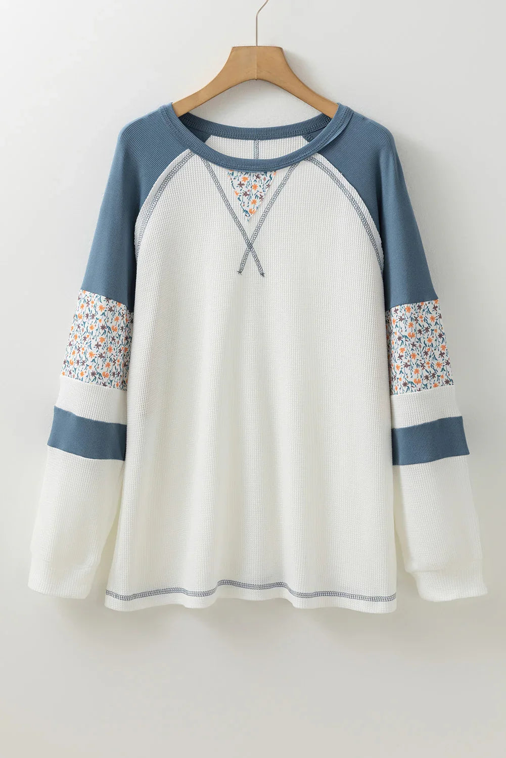 Maine White Floral Patchwork Waffle Knit Raglan Top