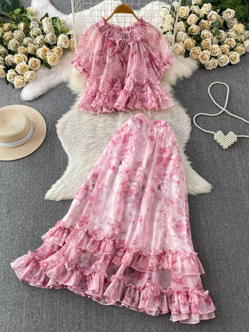 Amelia Floral Print Ruffle Hem Two Piece Sets