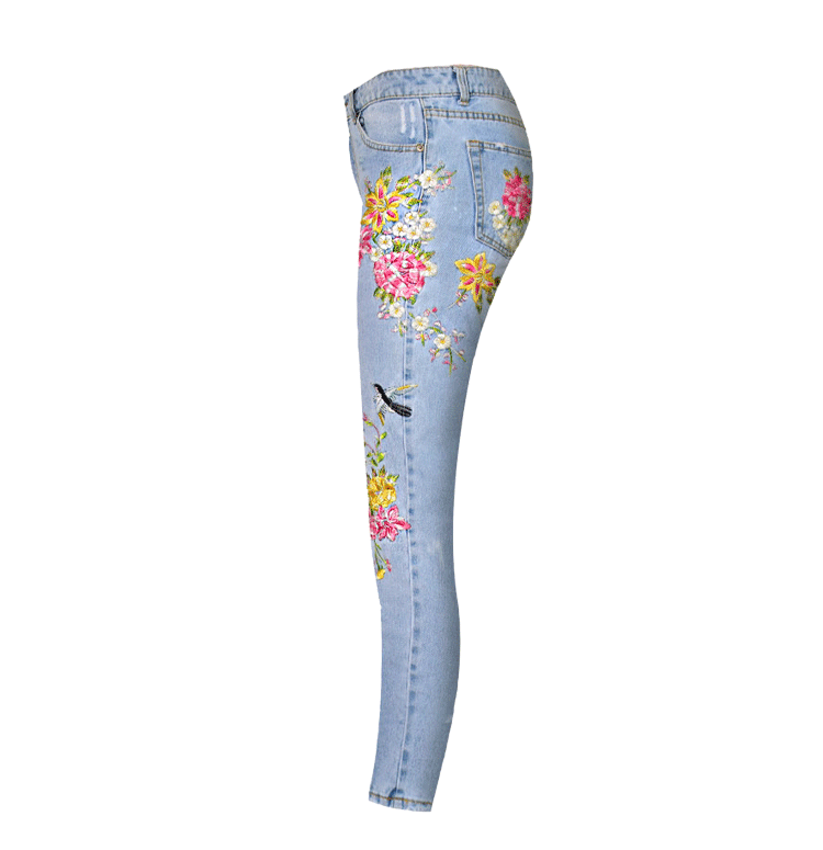 Women Clothing Bird Floral Front Rear Embroidered High Waist Straight Irregular Asymmetric Worn Jeans