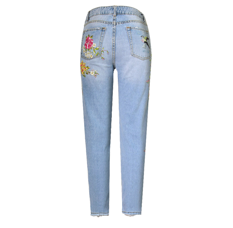 Women Clothing Bird Floral Front Rear Embroidered High Waist Straight Irregular Asymmetric Worn Jeans