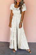 Nordie White Boho Floral Smocked Wide Leg Short Puff Sleeve Jumpsuit