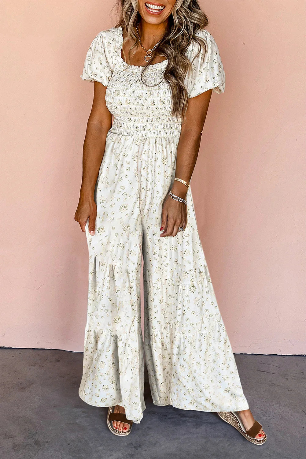 Nordie White Boho Floral Smocked Wide Leg Short Puff Sleeve Jumpsuit