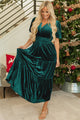 Nathana Evergreen Velvet Short Sleeve Shirred Waist Tiered Maxi Dress