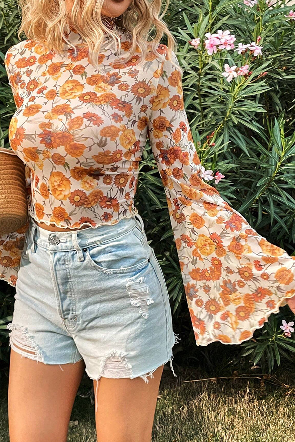 Floral  Sleeve Mock Neck  Trim