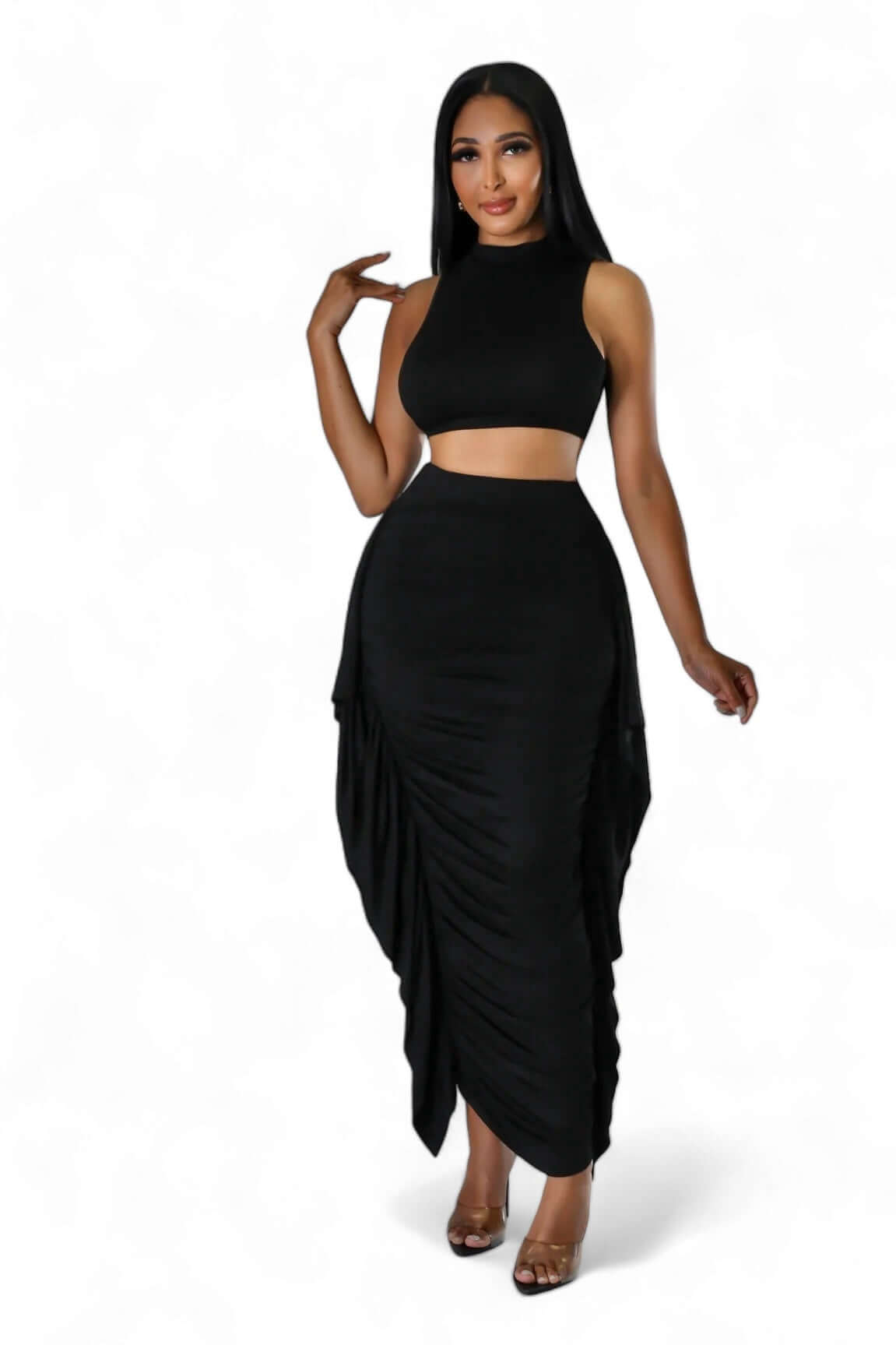 Two Piece Mock Neck Crop Ruched Fringed Set