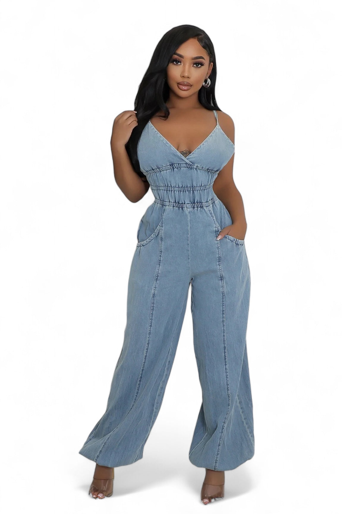 Non Stretch V Neck Elastic Waistband High Quality Jumpsuit
