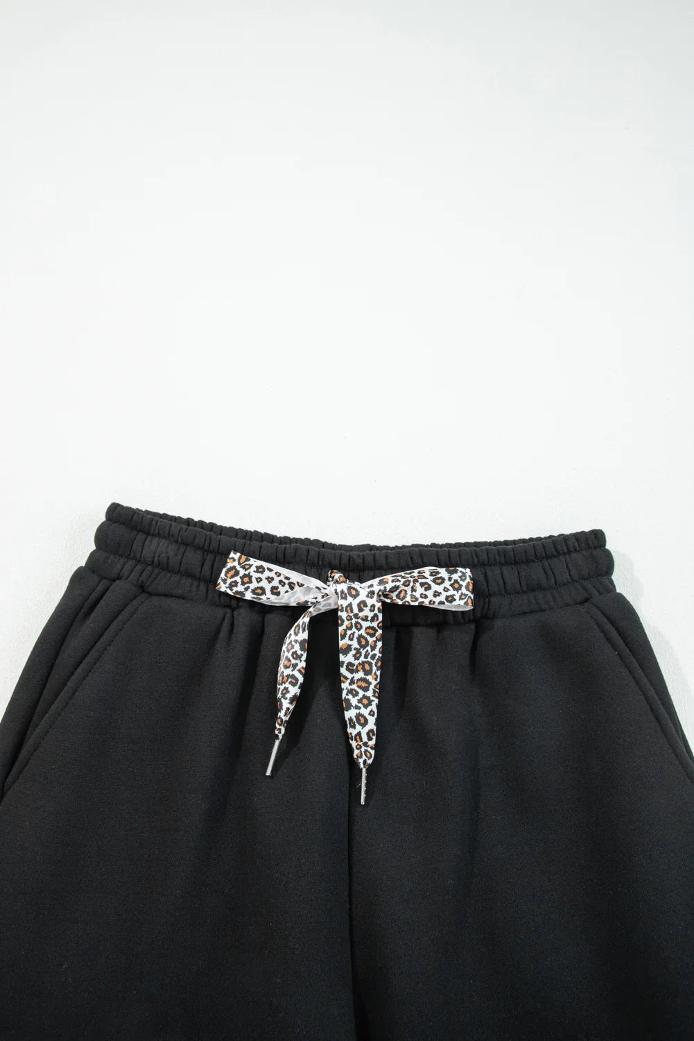 Hellen Black Fleece Lined Leopard Drawstring Elastic Waist Solid Pants