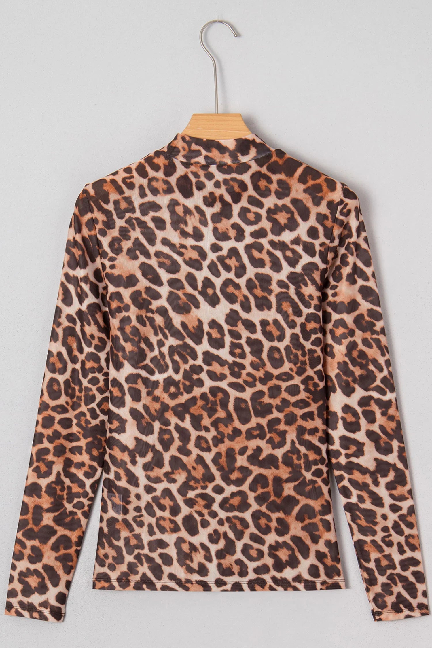 Brown Plus Size Mock Neck Leopard Mesh Top