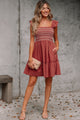Salina Red Sandalwood Geometric Stitch Shirred Bodice Ruffled Trim Sleeveless Mini Dress