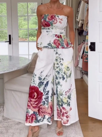 Layla Floral Print Strapless Wide-Leg Two Piece Sets