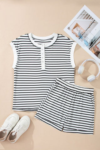 Erika Stripe Cap Sleeve Henley Two Piece Sets
