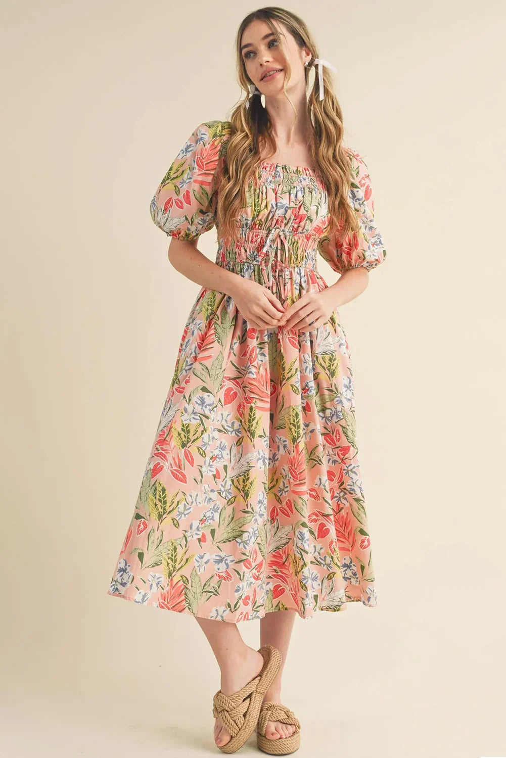 Brooklyn Apricot Pink Floral Smocked Bust Bubble Short Sleeve Maxi Dress