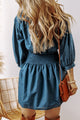 Roddie Prussian Blue 3/4 Sleeve Shirred High Waist Buttoned Mini Dress