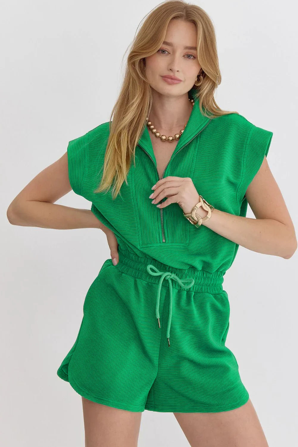 Vectar Bright Green Textured Short Sleeve Half Zip Drawstring Elastic Waistband Romper