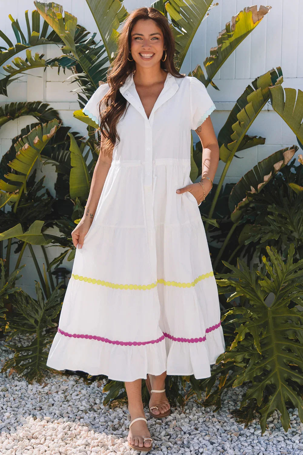 Londra White Colorblock Rickrack Trim Short Sleeve Drawstring Waist Long Dress