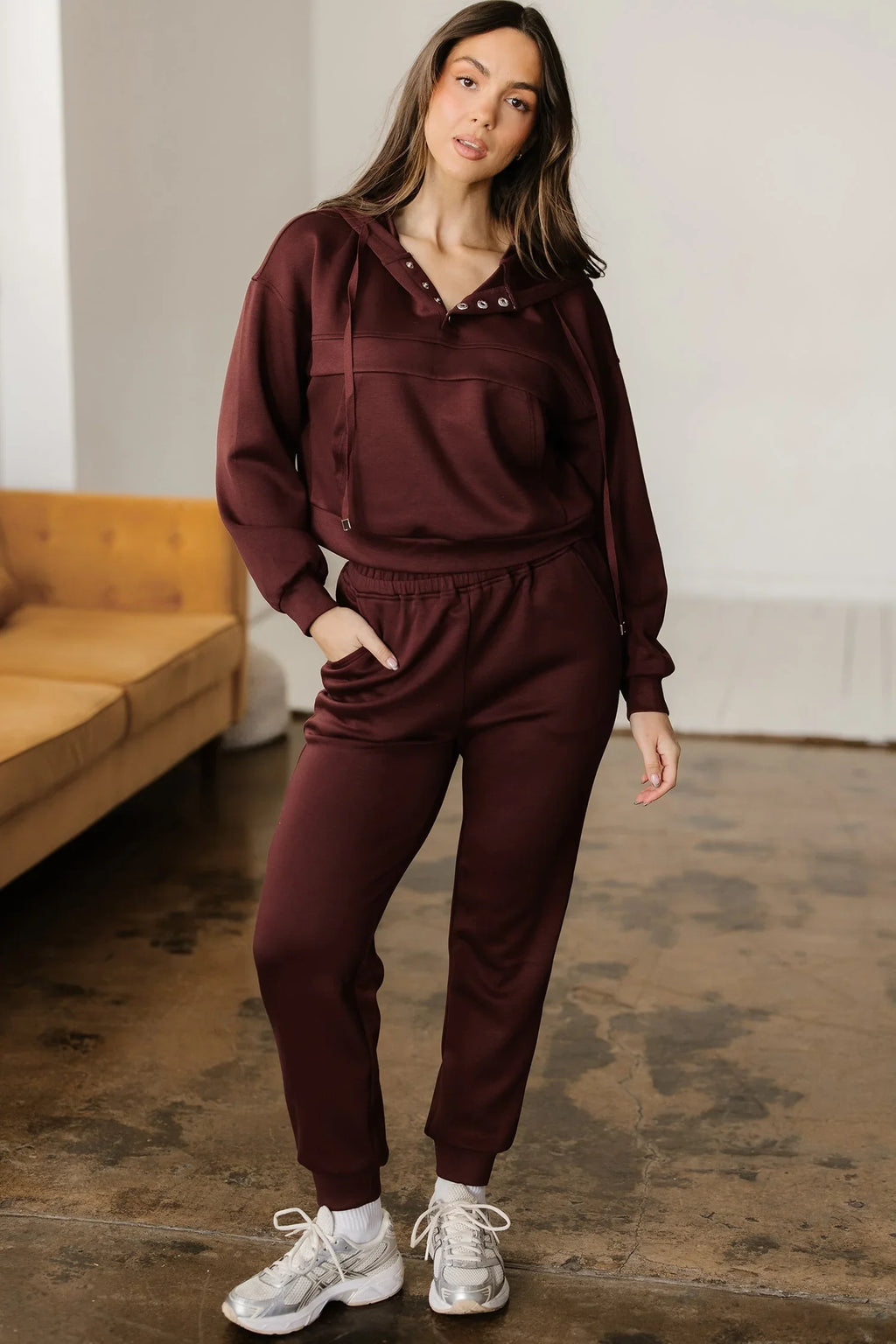 Chicory Coffee Button Drawstring Cropped Hoodie Jogger Set