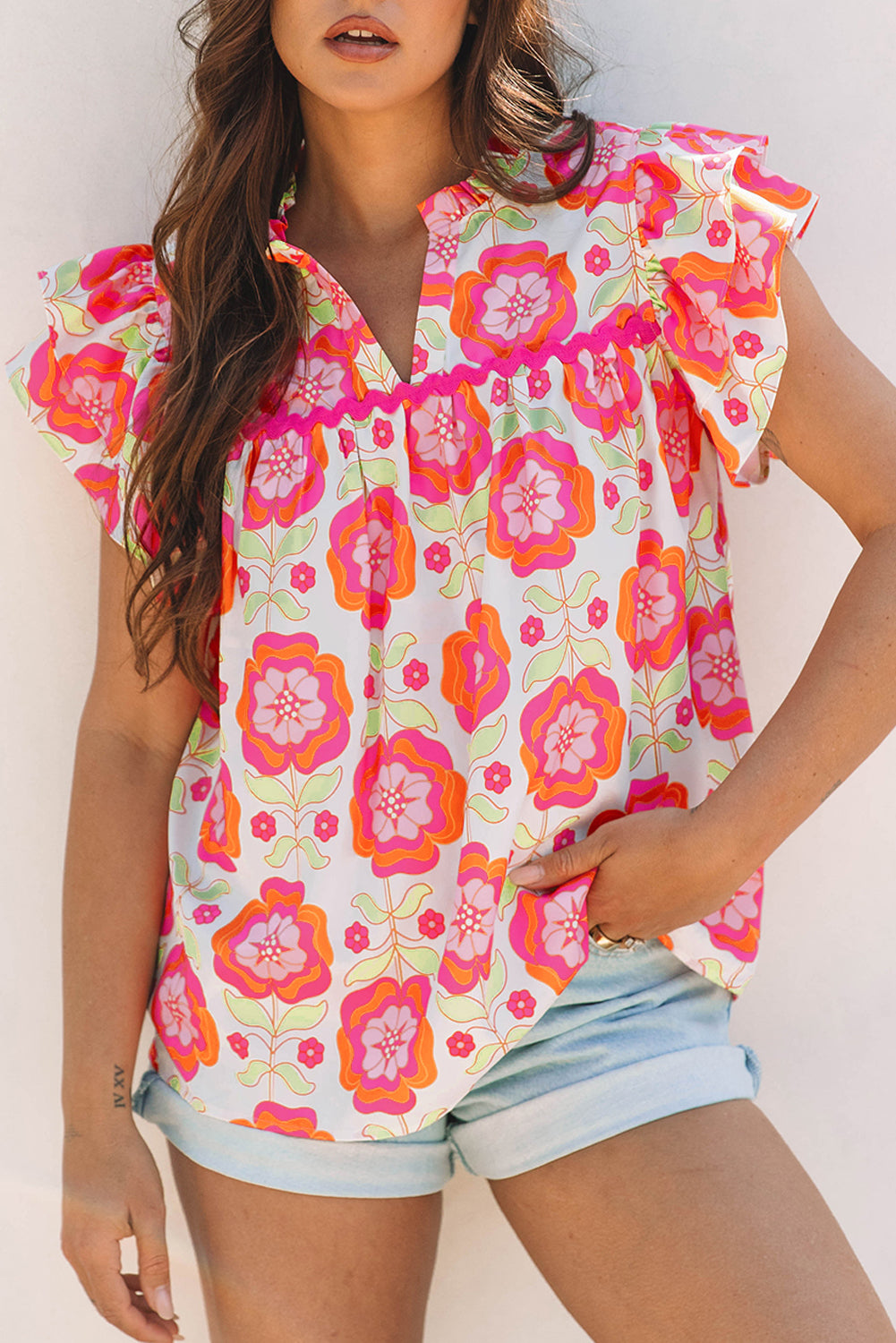 Rose Floral Ruffled Sleeve Split Neck