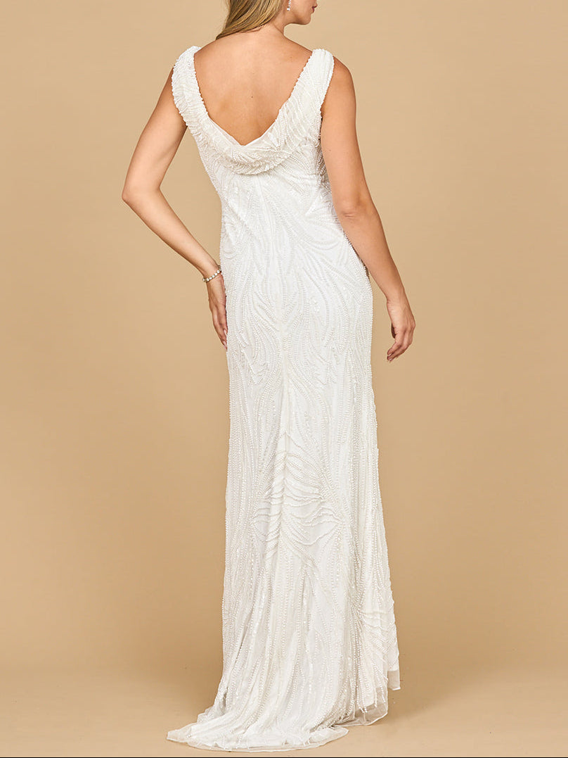 El Farolito Beaded Draped Cowl Back Wedding Gown