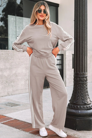 Gray Morn Varsity Striped Detail Crewneck Pullover Two Piece Outfit