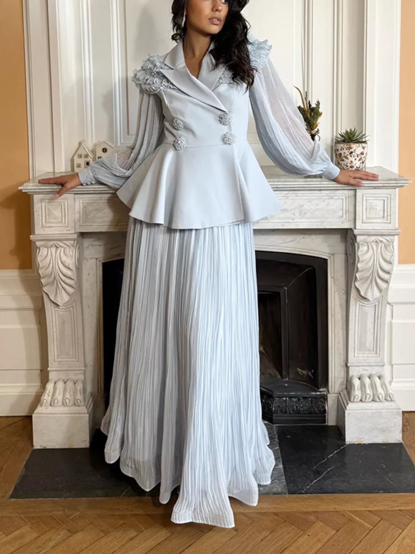 Karina Frill Lapel Collar Pleated Two Piece Sets