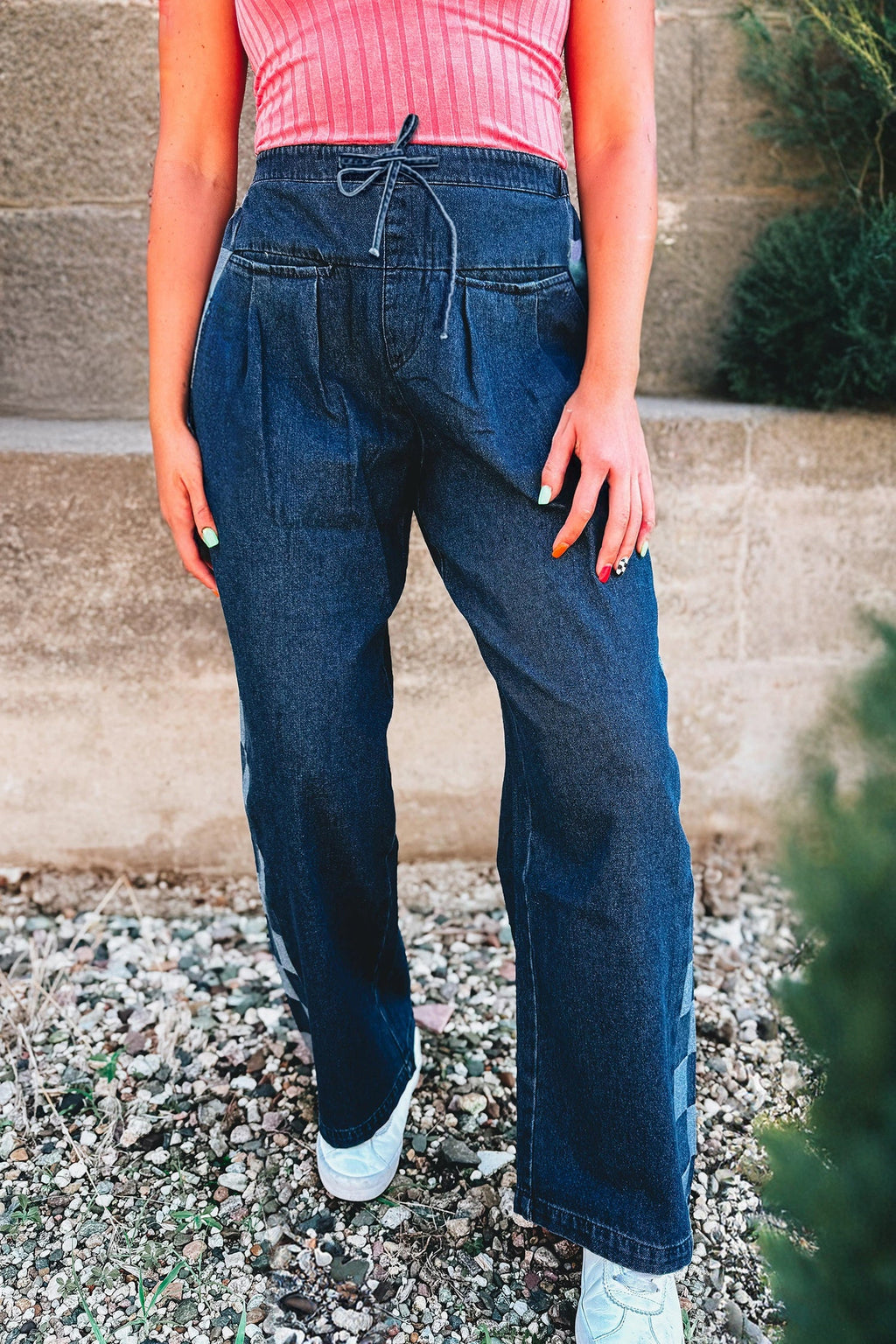 Sail Blue Checkered Side Panel Patchwork Drawstring Loose Denim