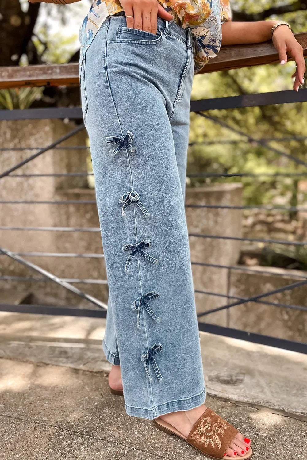 Beau Blue Bow Knot Side Detail Straight Leg Loose Jeans