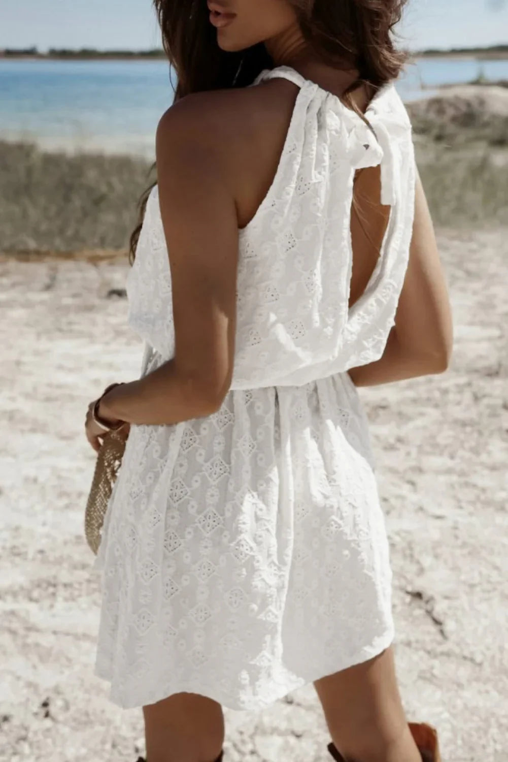 Millan White Lace Sleeveless Knot Hollow Out Back Tied Waist Mini Dress