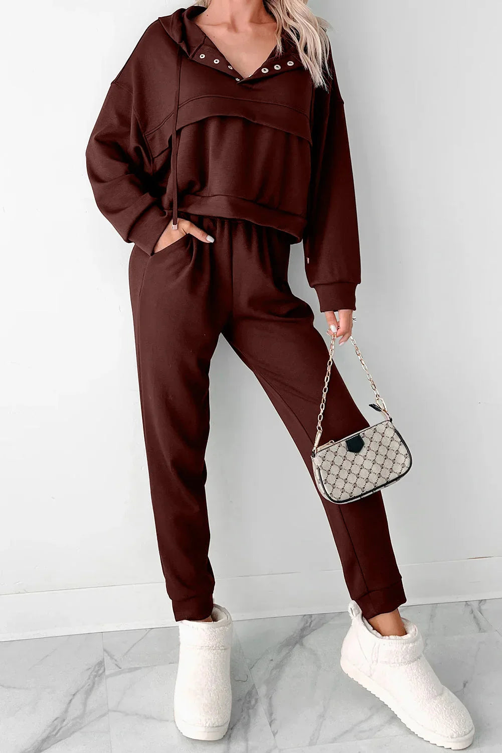 Chicory Coffee Button Drawstring Cropped Hoodie Jogger Set