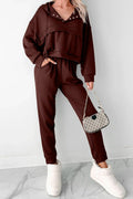 Chicory Coffee Button Drawstring Cropped Hoodie Jogger Set