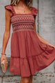 Salina Red Sandalwood Geometric Stitch Shirred Bodice Ruffled Trim Sleeveless Mini Dress