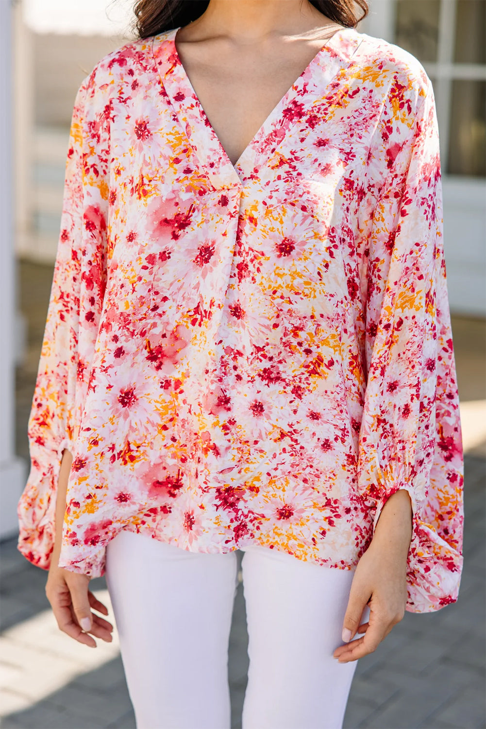 Pink Floral Bubble Sleeve V Neck Blouse