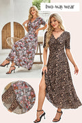 Bellair Brown Mesh Leopard Floral Reversible V Neck Short Sleeve Dress
