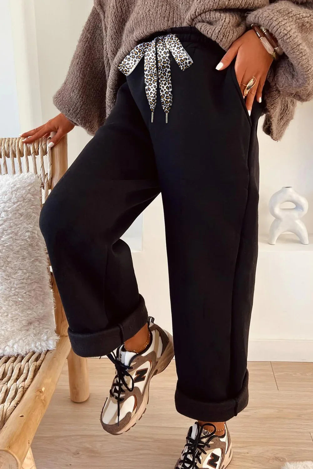 Hellen Black Fleece Lined Leopard Drawstring Elastic Waist Solid Pants