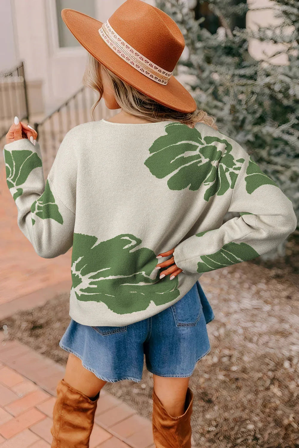 Green Bold Flower Pattern Wide Sleeve Baggy Sweater
