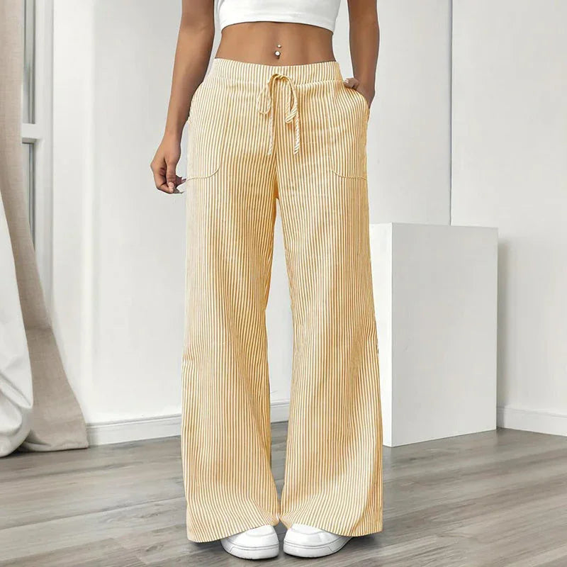 Women's Striped Print Straight Wide Leg Pockets Pants Casual Long Pants
