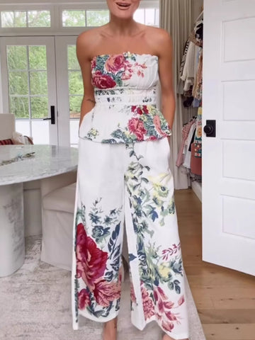 Layla Floral Print Strapless Wide-Leg Two Piece Sets