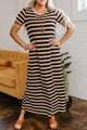Zaidy Black Stripe Casual Round Neck T-shirt Maxi Dress with Pockets