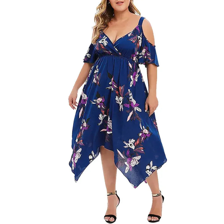 Stunning Floral Print Open Shoulder Midi Dress Plus Size