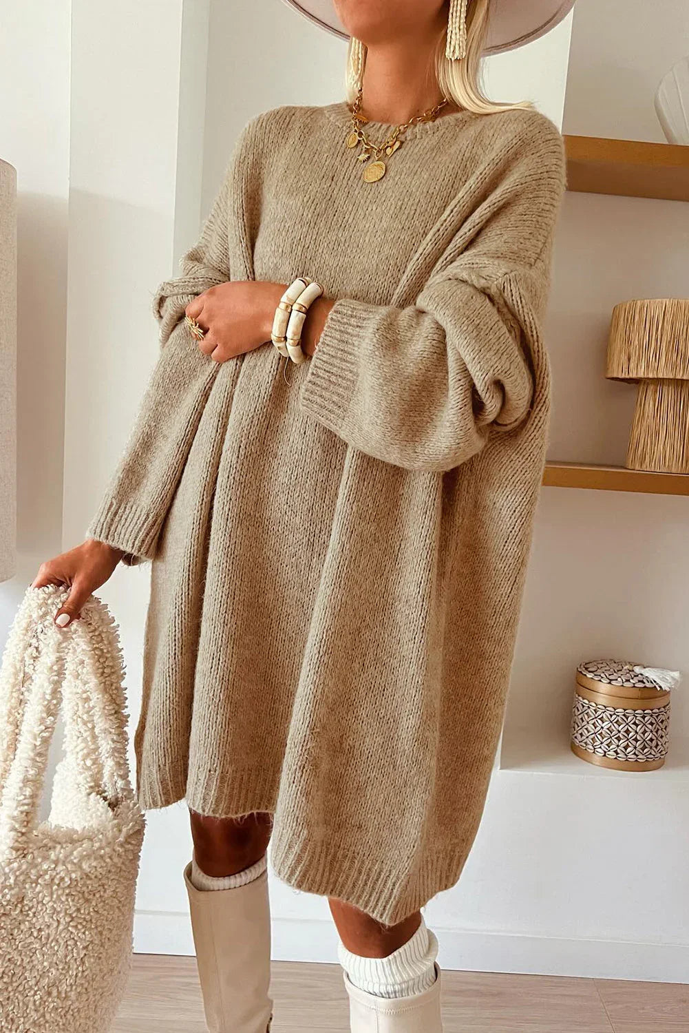 Green Oversize Drop Shoulder Slouchy Sweater Dress