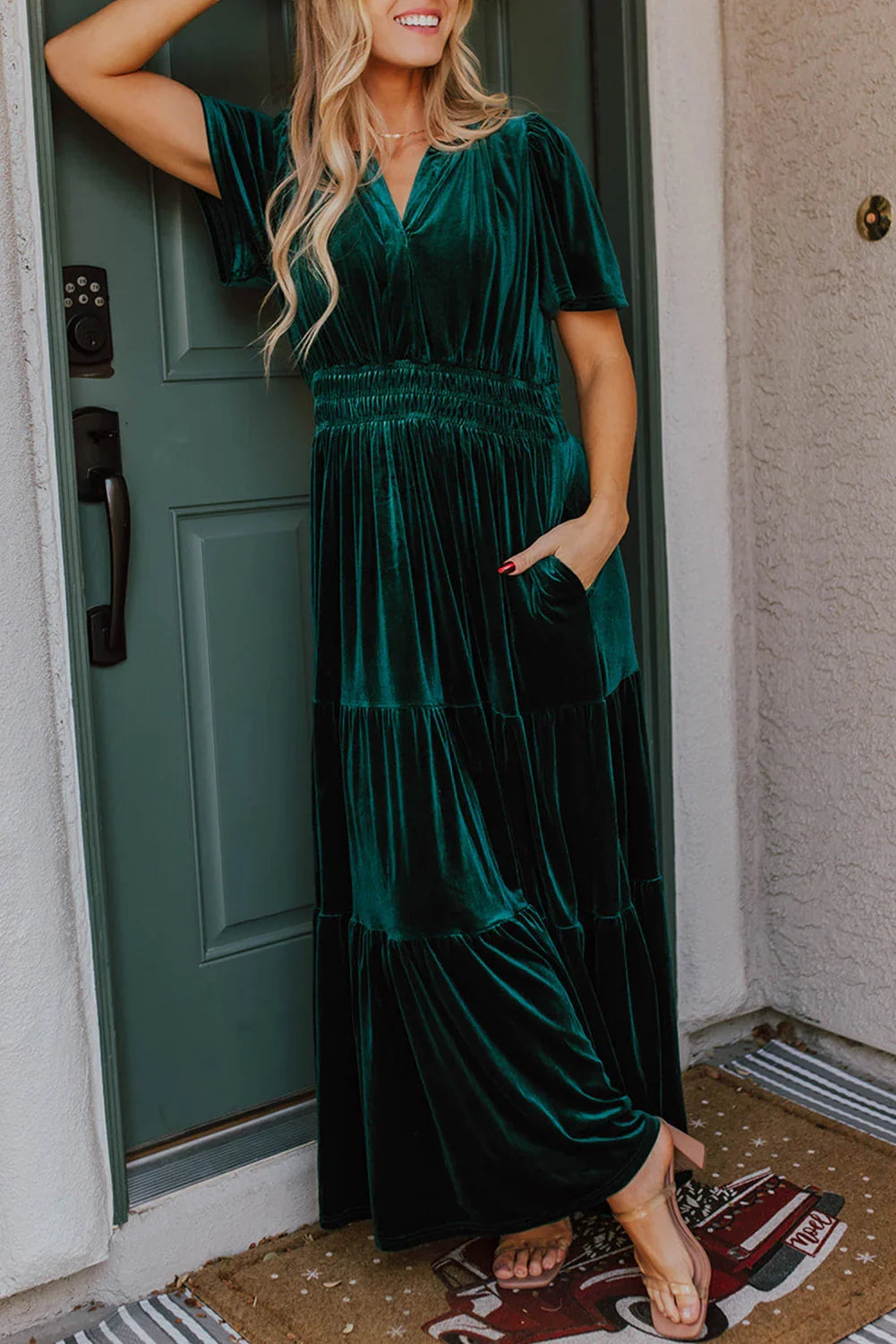 Nathana Evergreen Velvet Short Sleeve Shirred Waist Tiered Maxi Dress