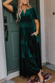 Nathana Evergreen Velvet Short Sleeve Shirred Waist Tiered Maxi Dress