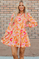 Lonnie Orange Abstract Print Smocked Lantern Sleeve Ruffle Mini Dress